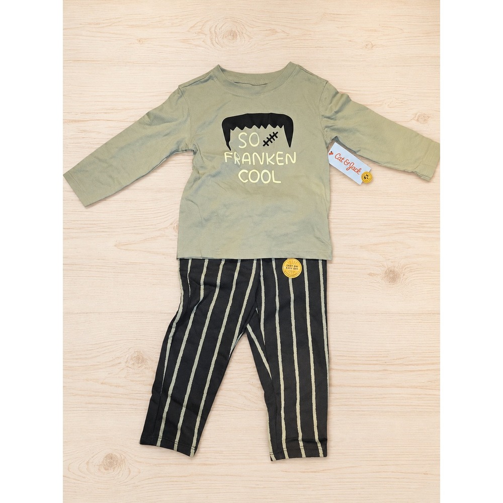 Cat & Jack Toddler Boys 2T Halloween Frankenstein Pajama Set Green Striped NWT